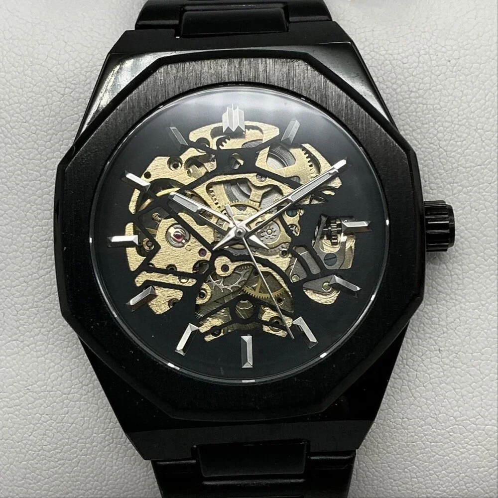 Mens Watch 41mm Black Skeleton Dial Stainless Bracelet Automatic TM-34ZG 8.25
